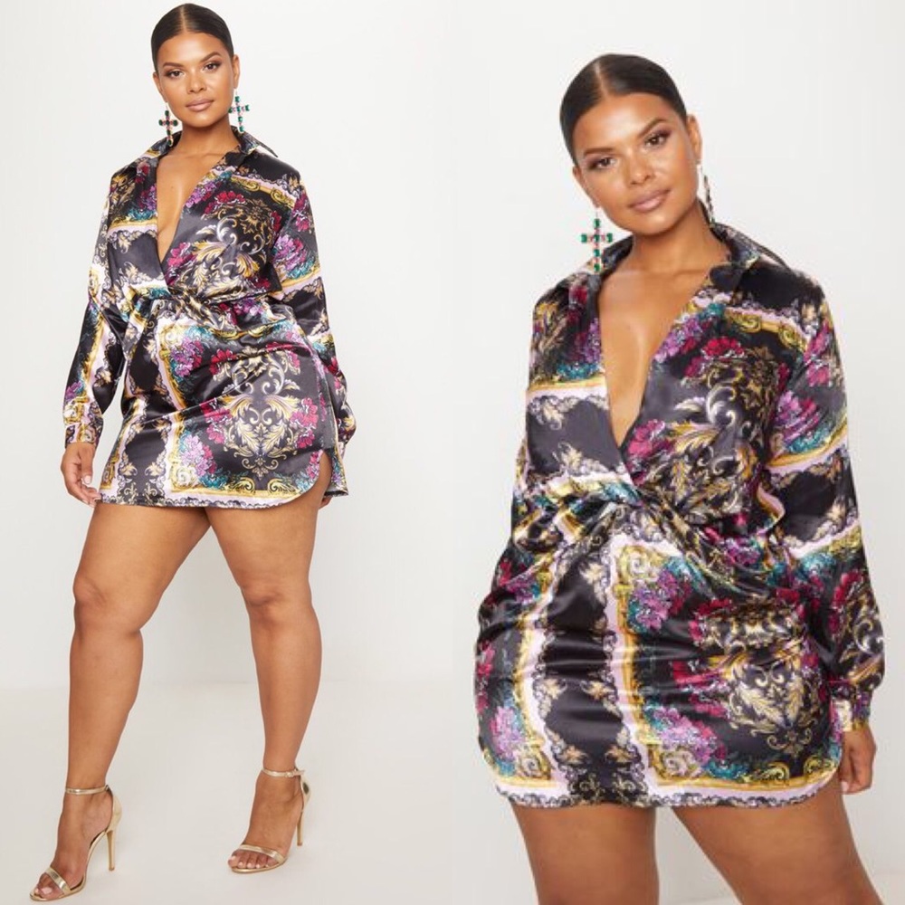 Scarf Print Satin Shirt Dress